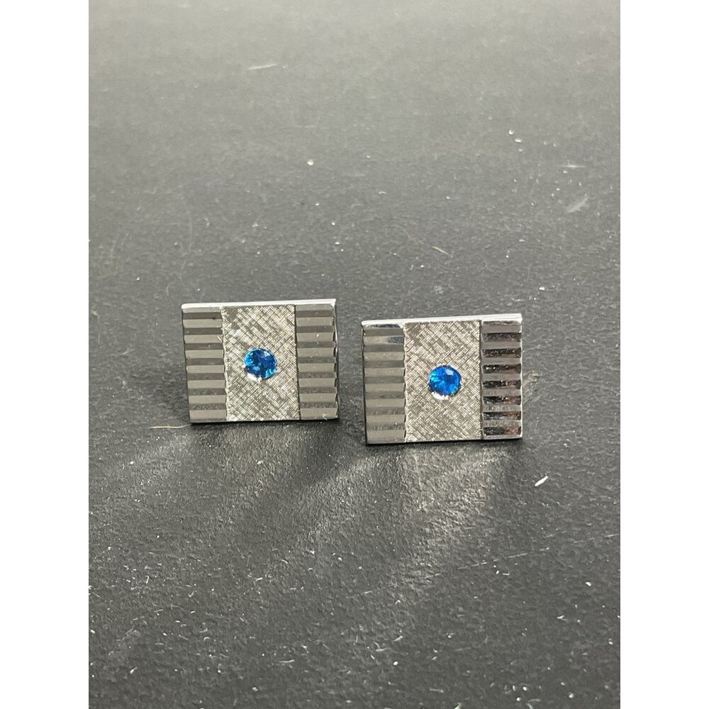 Vintage Swank Silver Cufflinks With Blue Gemstone Accent